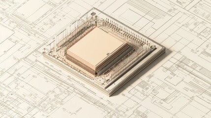 A conceptual layout of a microchip prototype on a blueprint-style background, highlighting its innovative architecture