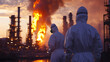 © Nattawut - Team of engineers in hazmat suits analyze the burning chimneys of an oil refinery as smoke fills the sky and industrial pipes surround them.