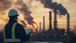 © Nattawut - Team of engineers in hazmat suits analyze the burning chimneys of an oil refinery as smoke fills the sky and industrial pipes surround them.