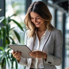 Wall Mural - Young smiling business woman looking at the tablet in her hands in the office.