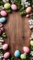 Poster - Festive and colorful holiday scene with easter eggs and spring flowers set against a rustic wooden background