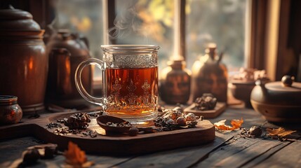 Wall Mural - Steaming glass mug of tea creates cozy autumn atmosphere