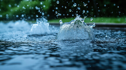 Wall Mural - vibrant and refreshing image of raindrops splashing on calm water surface, creating beautiful ripples and droplets that capture essence of nature beauty