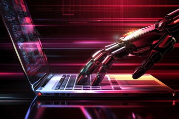 futuristic robot hand interacting with laptop in a high-tech environment representing advanced techn
