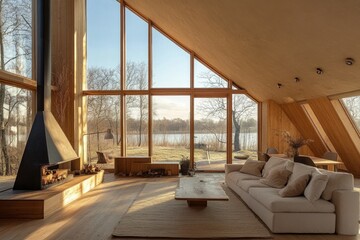 Cozy wooden cabin interior with large windows offering stunning lake views, creating a serene and relaxing atmosphere