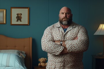 Muscular man wearing pajamas standing with arms crossed in bedroom