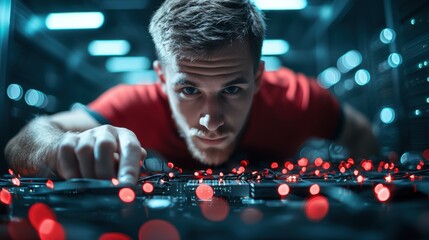 Wall Mural - a technician working on a server rack in a data center, surrounded by blinking lights and network eq