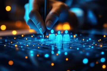 Wall Mural - hand drawing people icons on digital interface with glowing dots representing connection and network