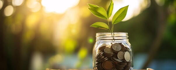 Poster - Small plant growing in savings coins jar at sunset