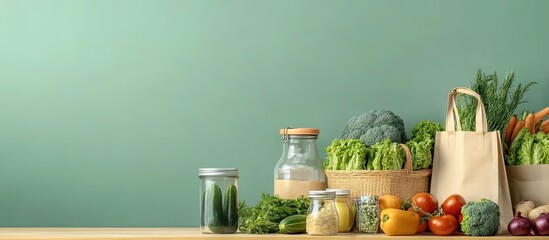 Canvas Print - Fresh produce in reusable bags and jars on table.