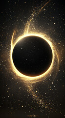 Wall Mural - dark black background with a bright golden halo surrounding a black hole, surrounded by luminous par