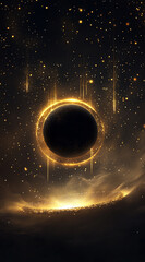 Wall Mural - dark black background with a bright golden halo surrounding a black hole, surrounded by luminous par