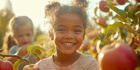 A cheerful scene of children picking apples from an orchard, capturing the joy of harvesting fruit together