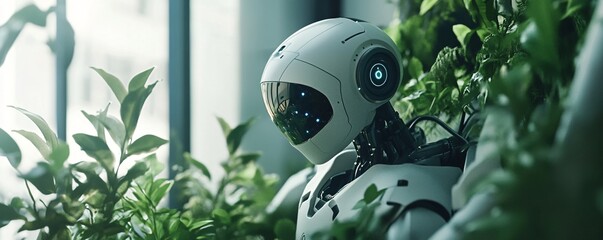 Poster - White robot exploring lush green foliage near window