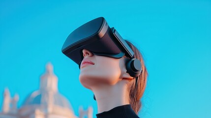 Wall Mural - a person wearing a virtual reality (vr) headset immersed in a simulated learning environment, explor