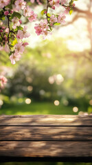 Poster - Serene and idyllic scene of pink apple tree blossoms over a rustic wooden table in a sunlit spring garden