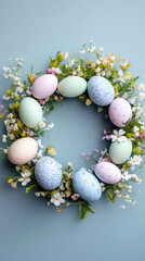 Poster - Easter wreath made of colorful eggs and spring flowers lying on a pastel background, perfect for easter projects