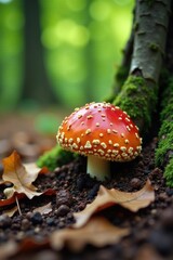 Wall Mural - a ball-shaped mushroom partially buried in the leaf litter of a forest floor, burial, tree trunks