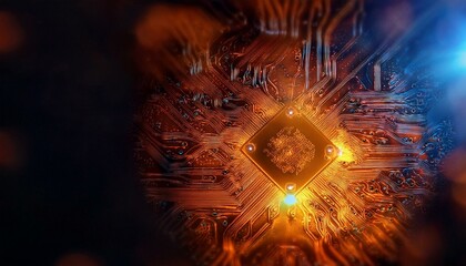 Consumer future and technology concepts: Quantum computing concept, glowing circuits and particles.
