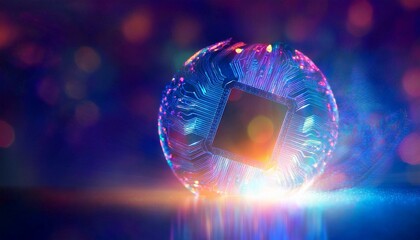 Consumer future and technology concepts: Quantum computing concept, glowing circuits and particles.