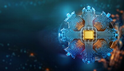 Consumer future and technology concepts: Quantum computing concept, glowing circuits and particles.