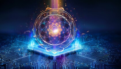 Consumer future and technology concepts: Quantum computing concept, glowing circuits and particles.