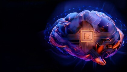 Consumer future and technology concepts: Quantum computing concept, glowing circuits and particles.