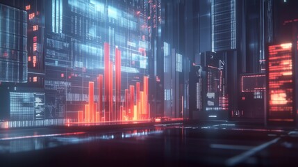 Poster - Futuristic Digital Cityscape with Data Visualization and Neon Colors