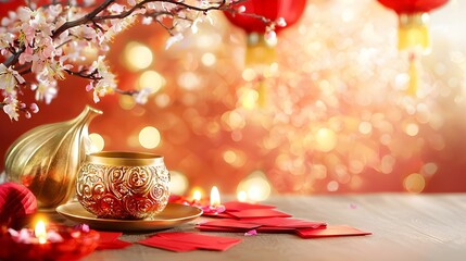 Wall Mural - A table with a bowl of red and gold and a bunch of red lanterns