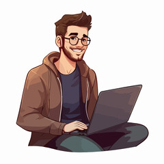 Wall Mural - Illustration of a man sitting with a laptop, working at home office