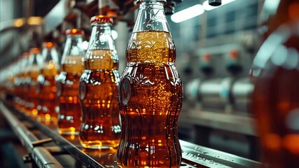 Fototapete - This Soda bottles are lined up on a conveyor belt, being filled and sealed in a factory setting.