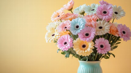 Wall Mural - A vase of mixed pastel flowers on a pastel yellow background