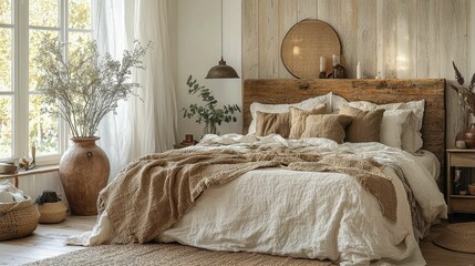 Wall Mural - A serene and cozy bedroom featuring natural materials, soft textures, and neutral tones. The space exudes a minimalist aesthetic with Japanese influences.