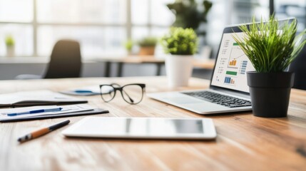 Poster - Modern Office Workspace with Laptop, Tablet, and Green Plants
