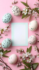 Poster - Festive easter eggs and spring flowers framing a blank card on a pink background, leaving space for a cheerful message