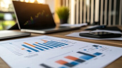 Aufkleber - Business Analytics and Graphs on Office Desk with Laptop and Phone