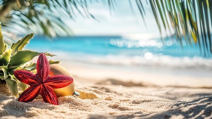 Wall Mural - Christmas ball and starfish resting on a tropical beach with palm trees