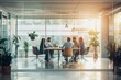 © Jenya Smyk - Professionals gather around a large table in a bright office, discussing strategies and ideas while enjoying a warm afternoon light. Generative AI