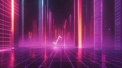 Aufkleber - Futuristic Neon Landscape with Abstract Light Patterns and Grid