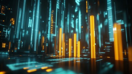 Aufkleber - Futuristic Digital Landscape with Glowing Binary Code and Data Bars