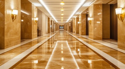 Aufkleber - Elegant Marble Corridor with Warm Lighting and Refined Ambiance