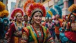 © yarku20 - A young woman in vibrant traditional South Asian attire smiles radiantly amidst a lively parade. Her headdress is adorned with bright feathers, complementing her colorful ensemble.
