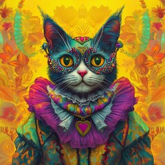  Whimsical Jester Cat in Vibrant Surreal Fantasy Landscape