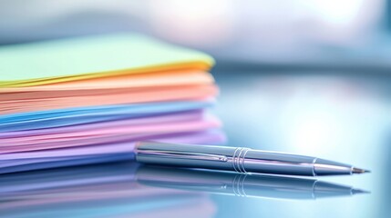 Leinwandbilder - A stack of colorful sticky notes in pastel shades, arranged neatly with a sharp pen beside it