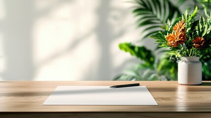 Leinwandbilder - A minimalist desk setup with blank note paper, a pen, and a vase of fresh flowers in the corner