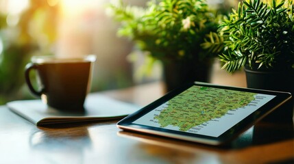Poster - A minimalistic state map displayed on a digital tablet, surrounded by notes and a travel itinerary