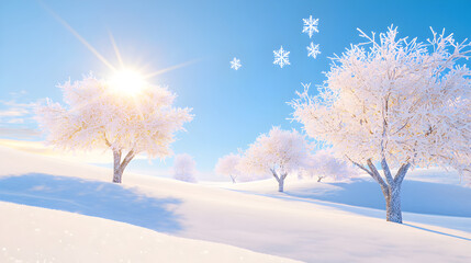 Sticker - A snowy field with trees and snowflakes in the sky