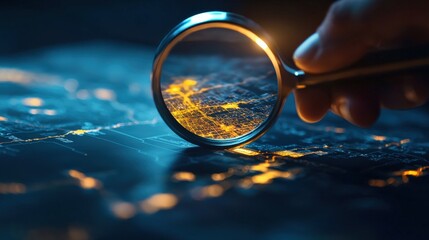 Aufkleber - A close-up of a hand holding a magnifying glass over a printed state map with city details highlighted