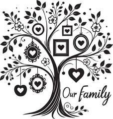 A black and white design of a family tree