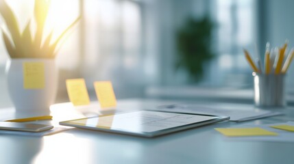 Leinwandbilder - A clean workspace with financial risk assessments displayed on a tablet, surrounded by planners and sticky notes